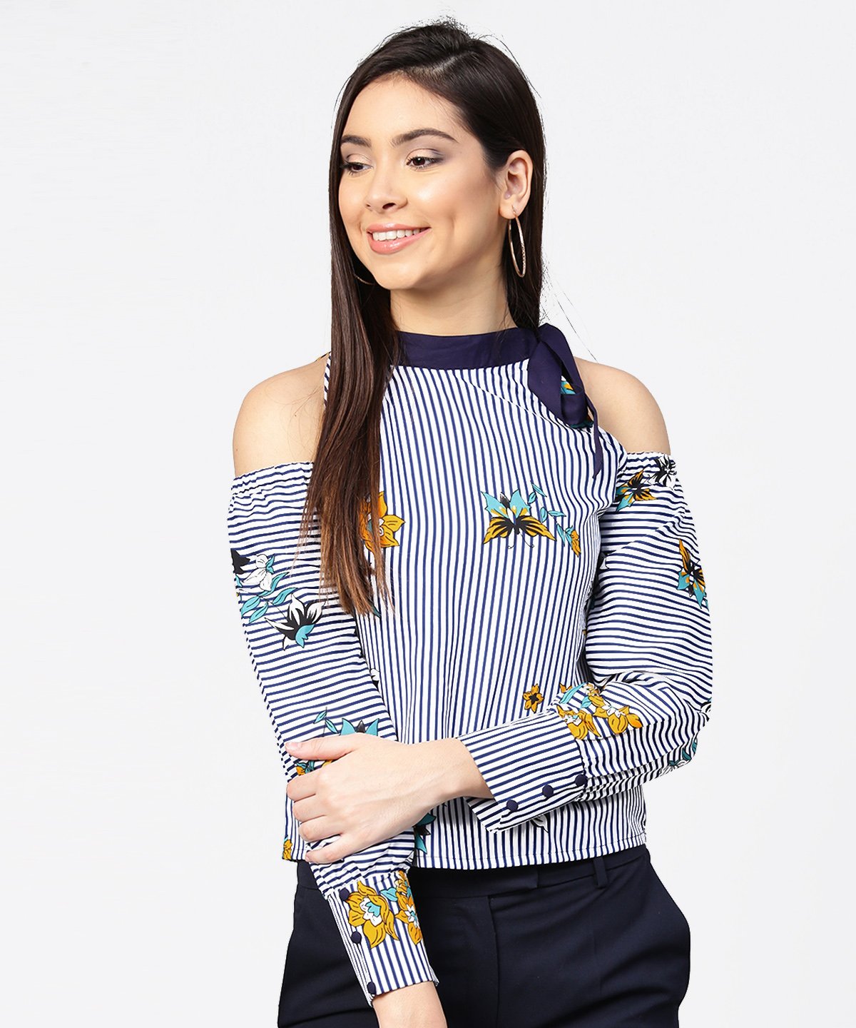 Women's Blue Striped Flower Print Full Sleeve Cold Shoulder Top
