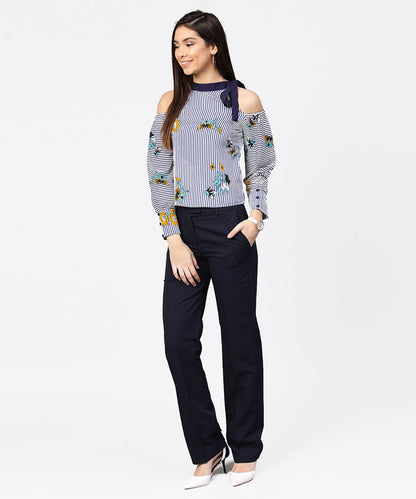 Women's Blue Striped Flower Print Full Sleeve Cold Shoulder Top