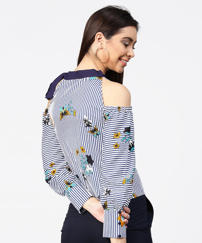 Women's Blue Striped Flower Print Full Sleeve Cold Shoulder Top