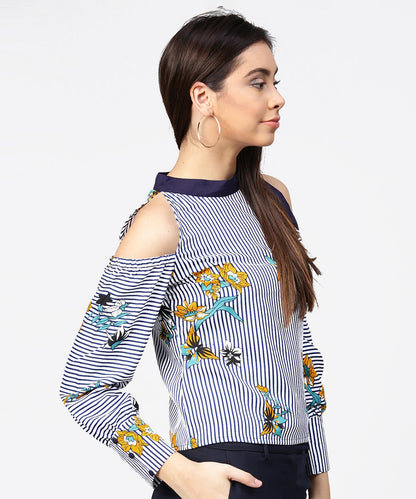 Women's Blue Striped Flower Print Full Sleeve Cold Shoulder Top