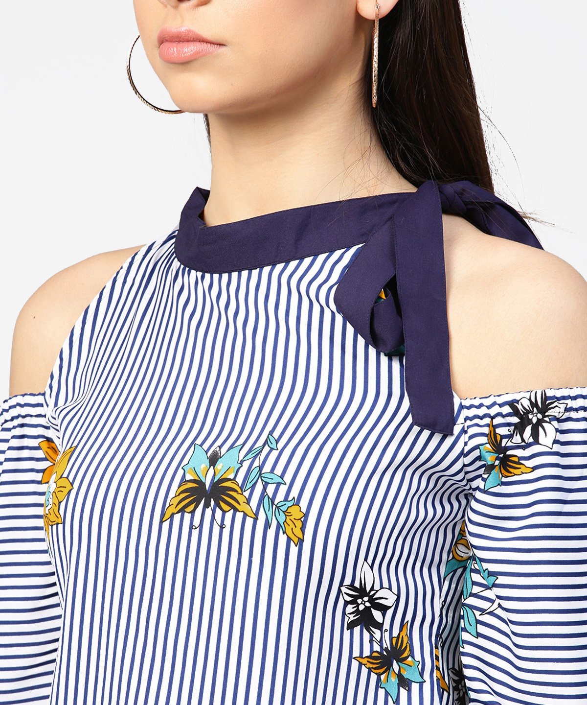 Women's Blue Striped Flower Print Full Sleeve Cold Shoulder Top