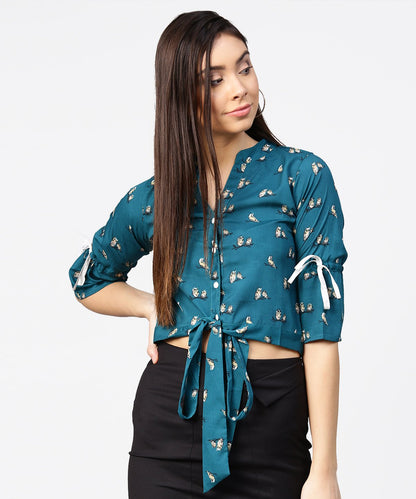 Women's Teal Blue 3/4Th Sleeve Front Open Crop Top With Dori & Belt