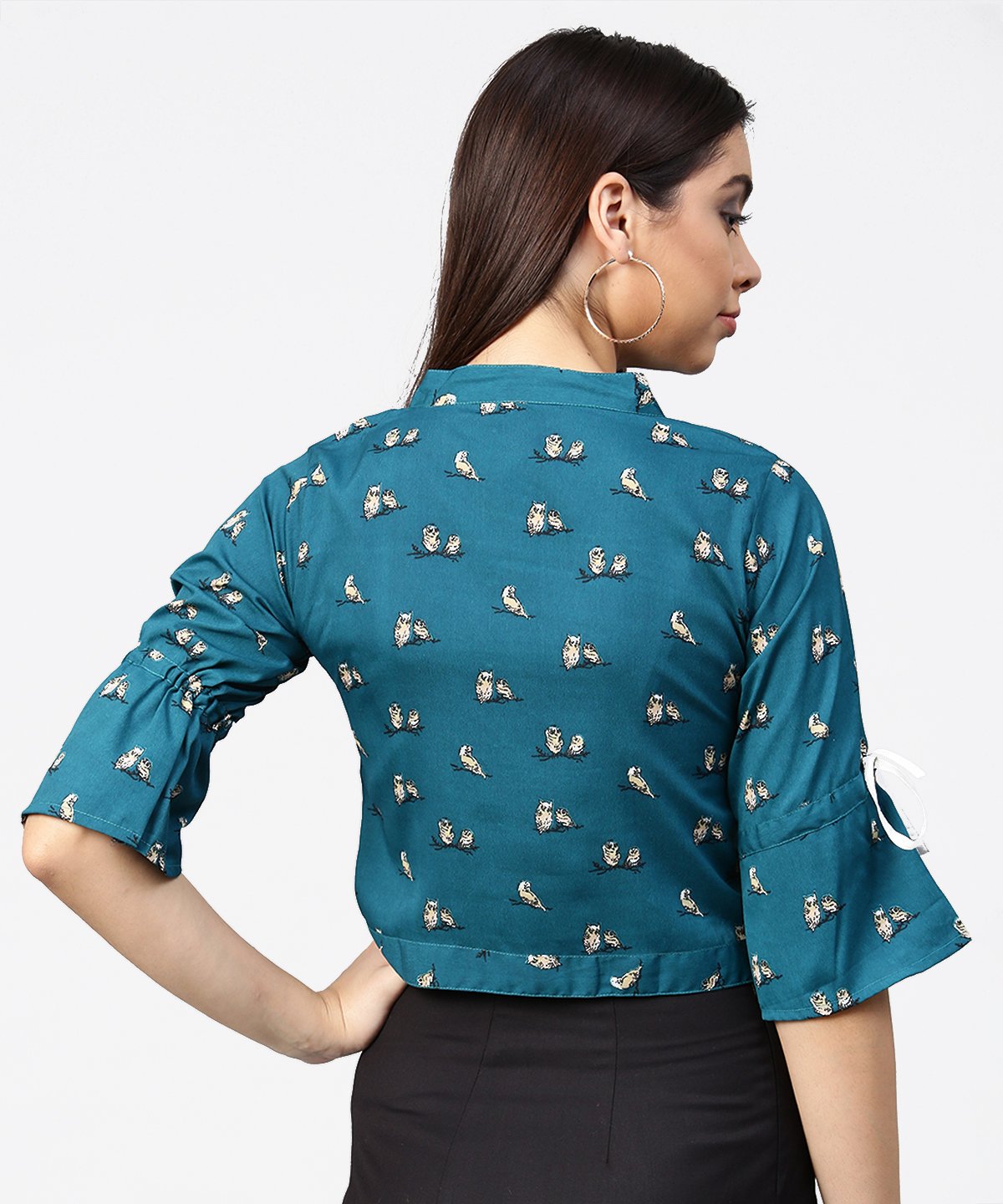 Women's Teal Blue 3/4Th Sleeve Front Open Crop Top With Dori & Belt