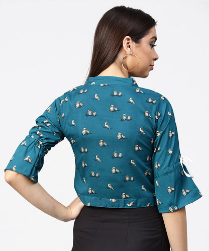 Women's Teal Blue 3/4Th Sleeve Front Open Crop Top With Dori & Belt
