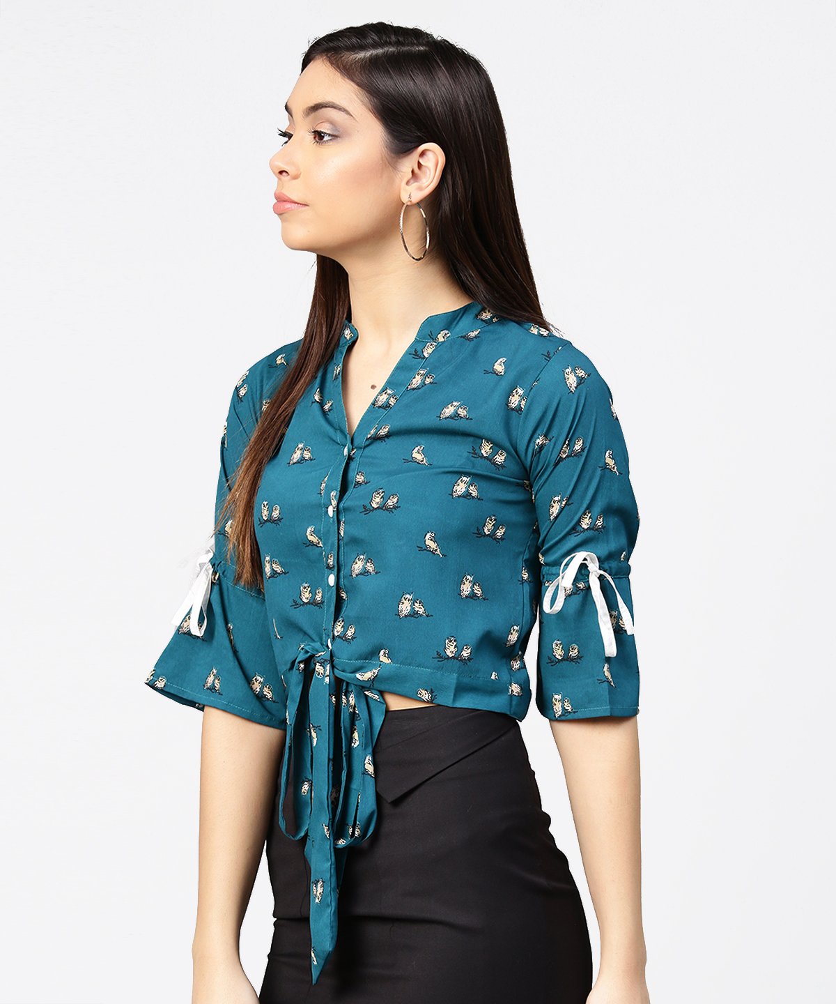 Women's Teal Blue 3/4Th Sleeve Front Open Crop Top With Dori & Belt