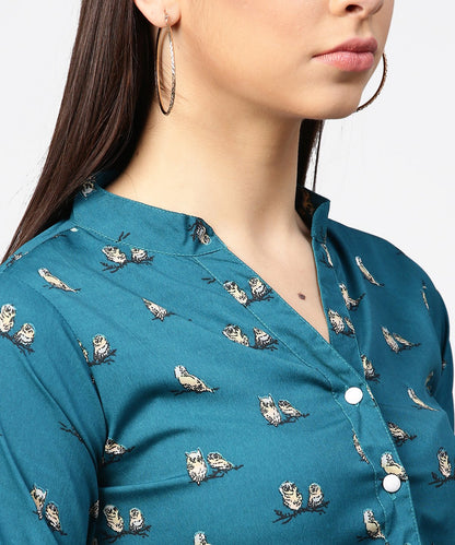 Women's Teal Blue 3/4Th Sleeve Front Open Crop Top With Dori & Belt
