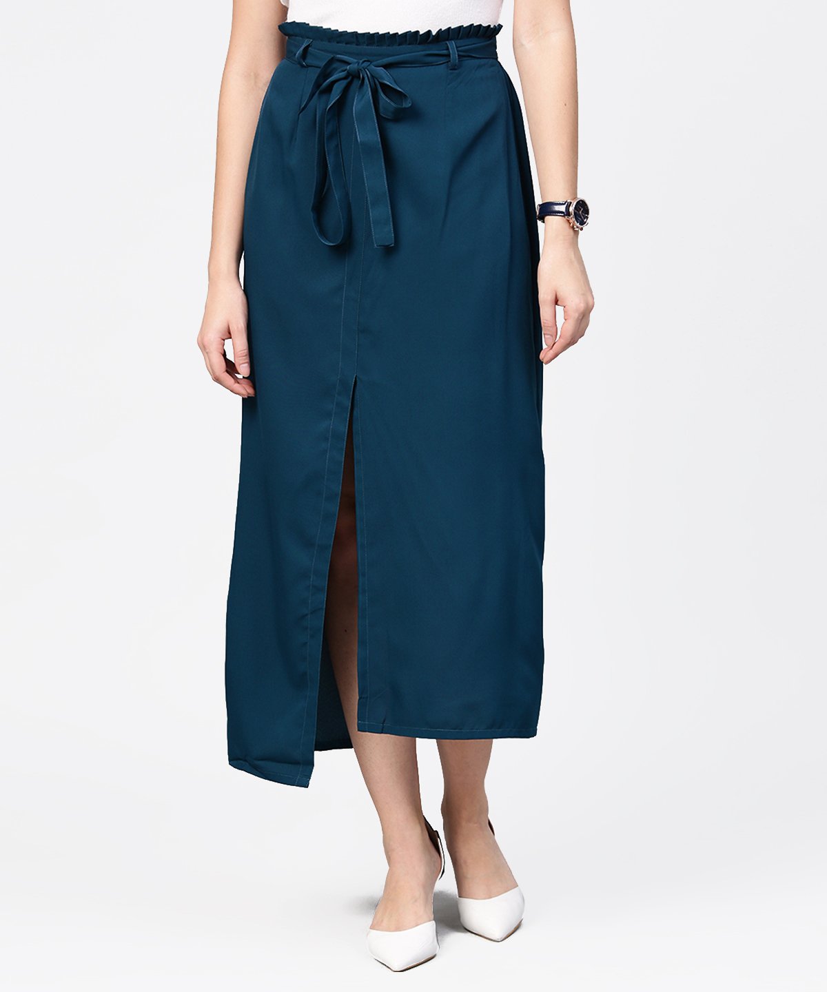 Women's Denim Blue Ankle Length Trouser With Belt