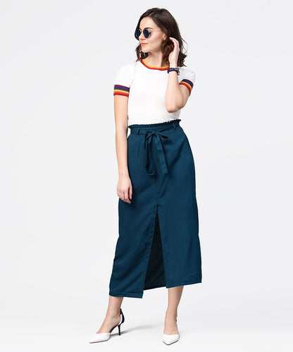 Women's Denim Blue Ankle Length Trouser With Belt