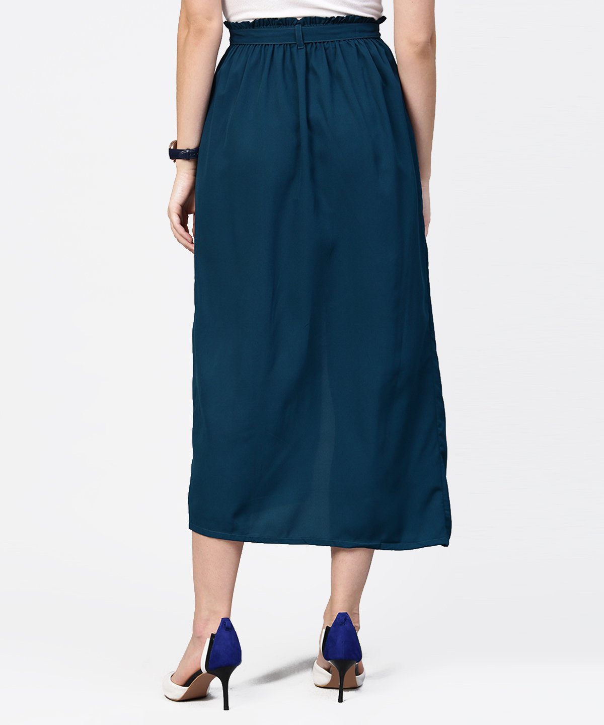 Women's Denim Blue Ankle Length Trouser With Belt