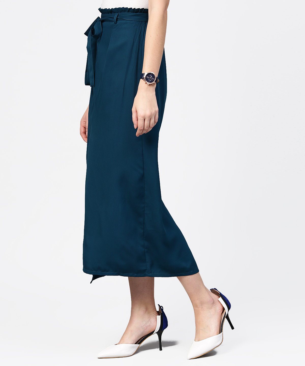 Women's Denim Blue Ankle Length Trouser With Belt