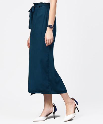 Women's Denim Blue Ankle Length Trouser With Belt