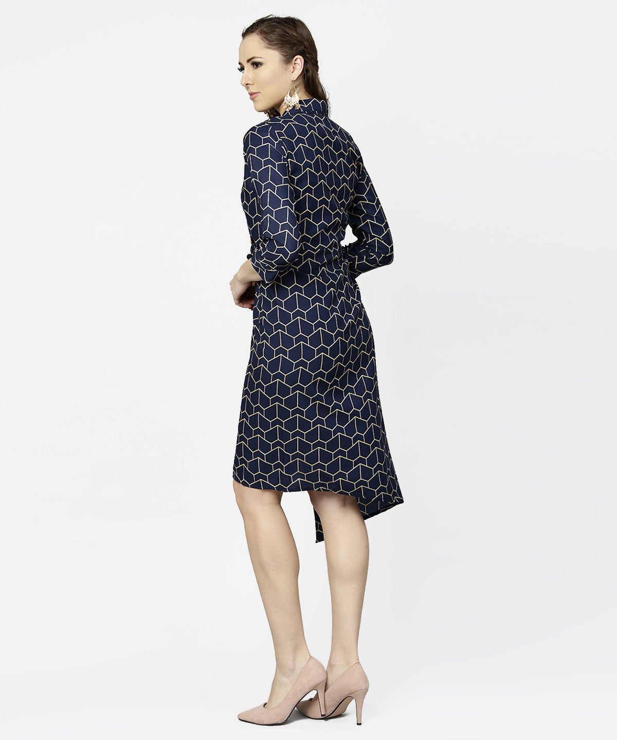 Women's Navy Blue 3/4Th Sleeve Angrakha Style Dress