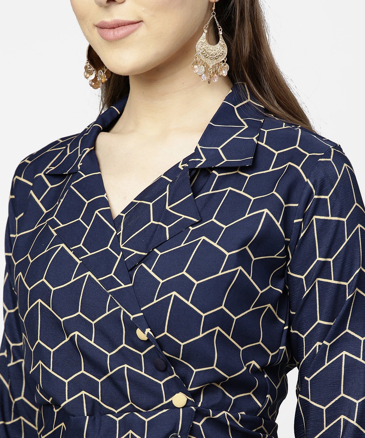 Women's Navy Blue 3/4Th Sleeve Angrakha Style Dress