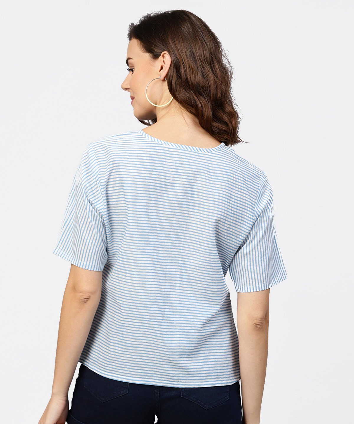 Women's Blue Striped Short Sleeve Top With Round Neck