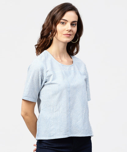 Women's Blue Striped Short Sleeve Top With Round Neck