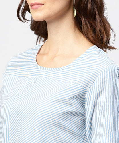 Women's Blue Striped Short Sleeve Top With Round Neck