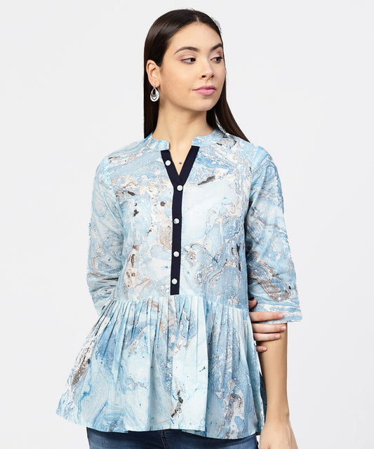 Women's Marble Printed Chinese Collared, Pleated Yoke With 3/4Th Sleeves Top