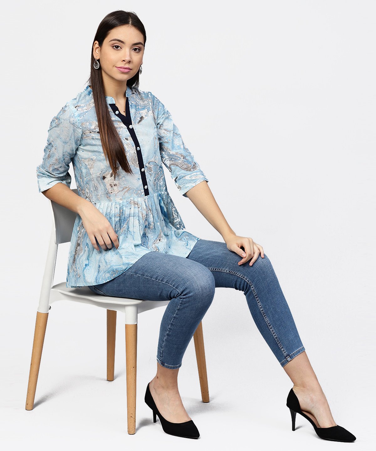 Women's Marble Printed Chinese Collared, Pleated Yoke With 3/4Th Sleeves Top