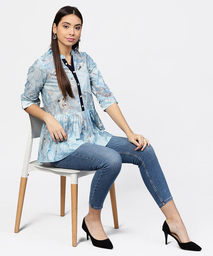 Women's Marble Printed Chinese Collared, Pleated Yoke With 3/4Th Sleeves Top