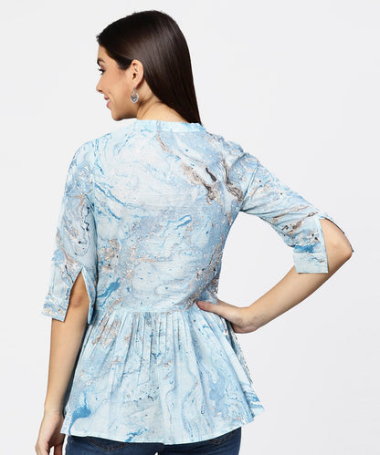 Women's Marble Printed Chinese Collared, Pleated Yoke With 3/4Th Sleeves Top