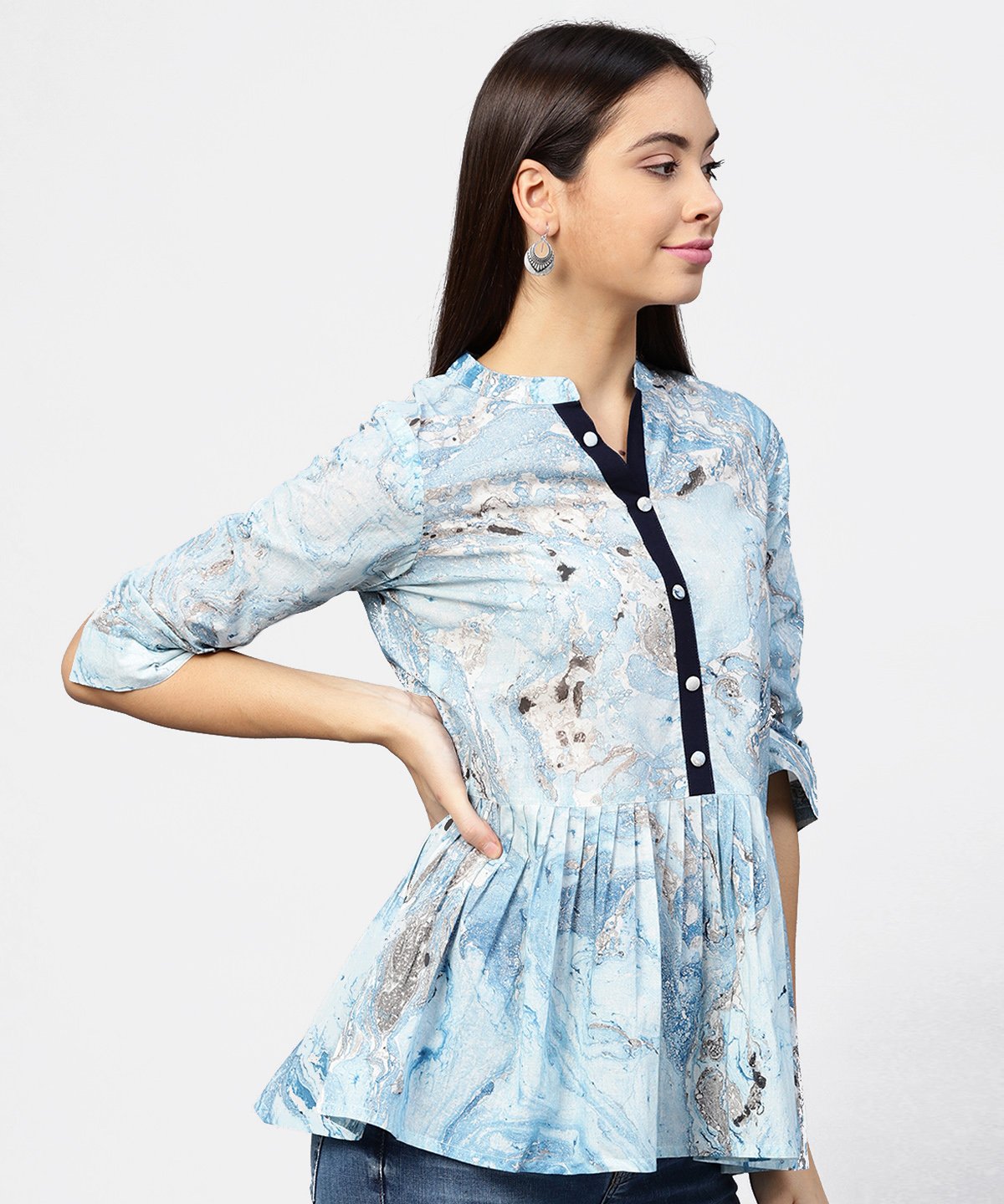 Women's Marble Printed Chinese Collared, Pleated Yoke With 3/4Th Sleeves Top