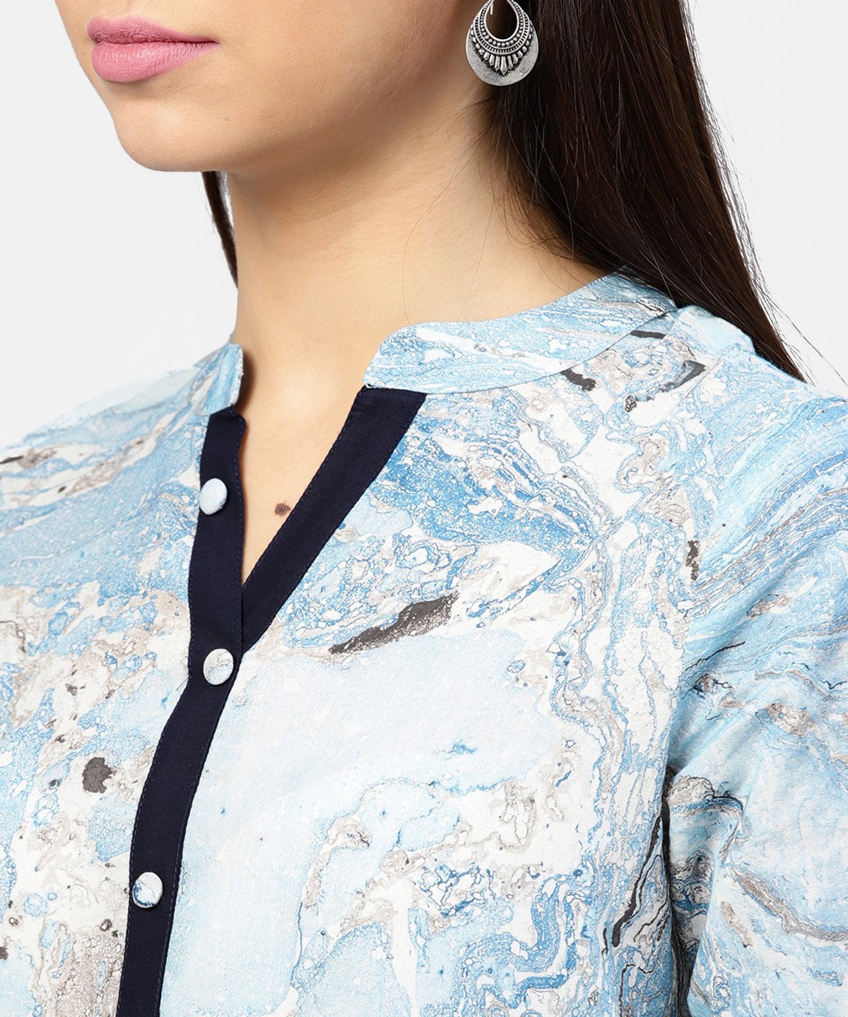 Women's Marble Printed Chinese Collared, Pleated Yoke With 3/4Th Sleeves Top