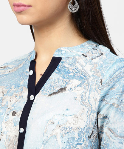 Women's Marble Printed Chinese Collared, Pleated Yoke With 3/4Th Sleeves Top