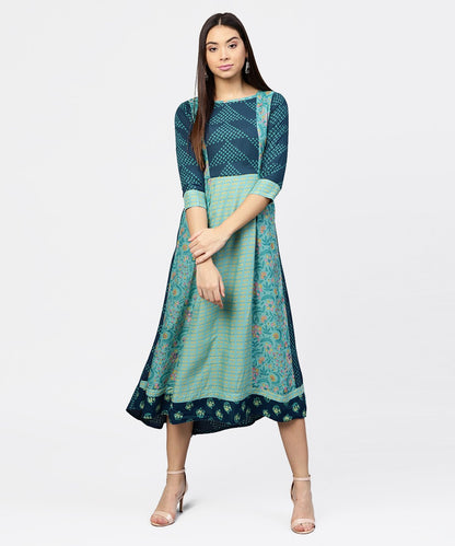 Women's Multi Printed Round Neck Gathered Panels With 3/4Th Sleeves Maxi Dress