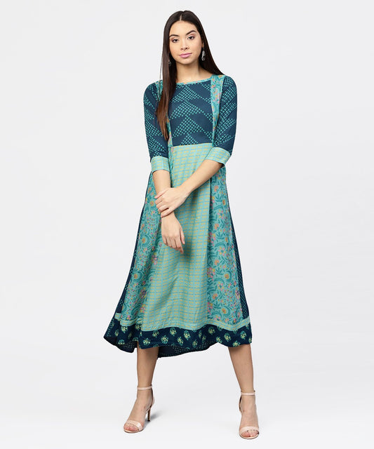 Women's Multi Printed Round Neck Gathered Panels With 3/4Th Sleeves Maxi Dress