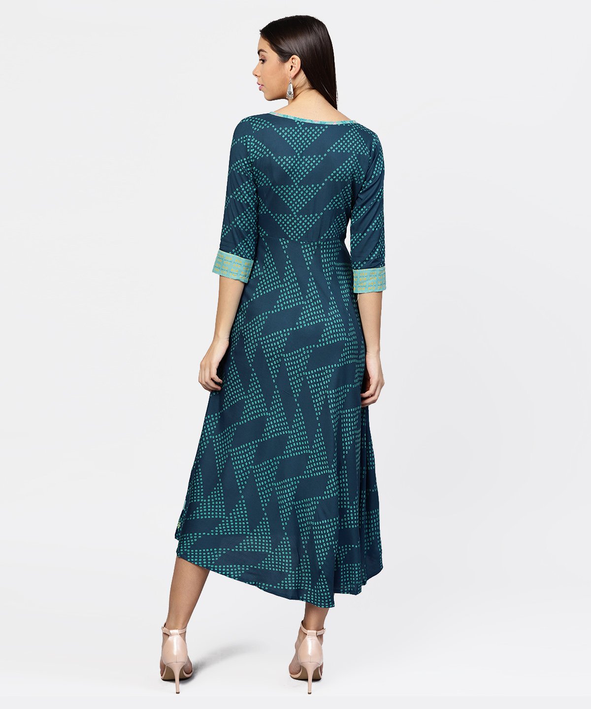 Women's Multi Printed Round Neck Gathered Panels With 3/4Th Sleeves Maxi Dress