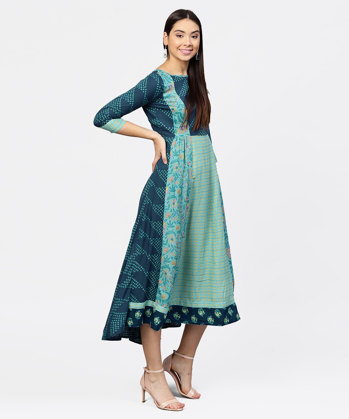 Women's Multi Printed Round Neck Gathered Panels With 3/4Th Sleeves Maxi Dress