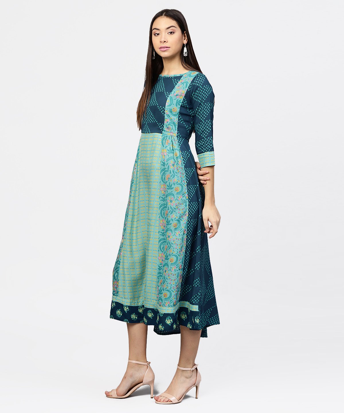 Women's Multi Printed Round Neck Gathered Panels With 3/4Th Sleeves Maxi Dress
