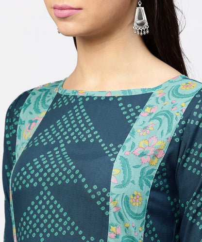 Women's Multi Printed Round Neck Gathered Panels With 3/4Th Sleeves Maxi Dress