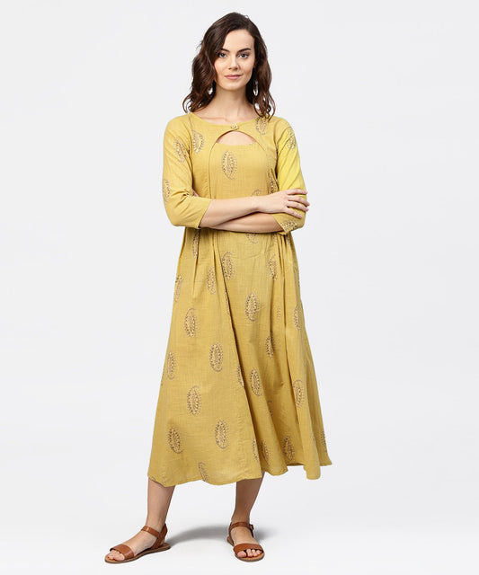 Women's Mustard Printed Round Neck With Loop And Button In Front, Pleated With 3/4Th Sleeves Dress