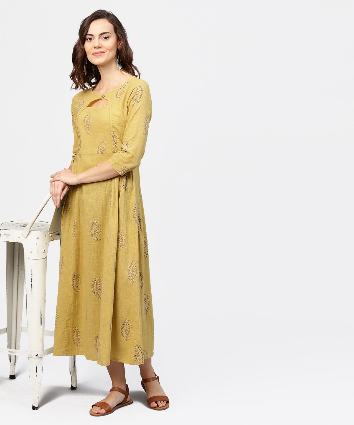 Women's Mustard Printed Round Neck With Loop And Button In Front, Pleated With 3/4Th Sleeves Dress