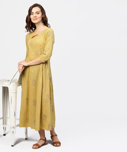 Women's Mustard Printed Round Neck With Loop And Button In Front, Pleated With 3/4Th Sleeves Dress