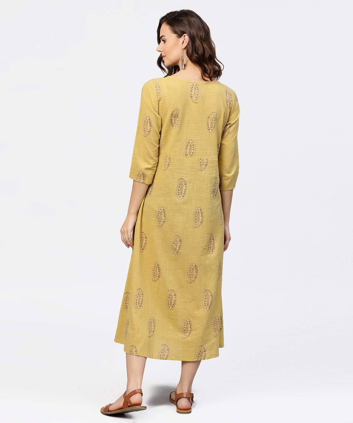 Women's Mustard Printed Round Neck With Loop And Button In Front, Pleated With 3/4Th Sleeves Dress