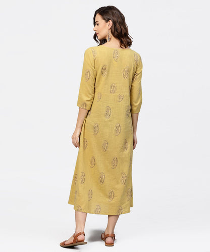 Women's Mustard Printed Round Neck With Loop And Button In Front, Pleated With 3/4Th Sleeves Dress