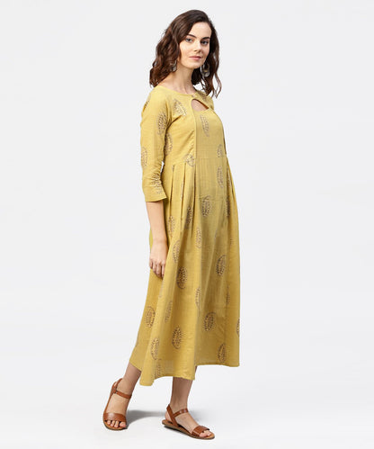 Women's Mustard Printed Round Neck With Loop And Button In Front, Pleated With 3/4Th Sleeves Dress