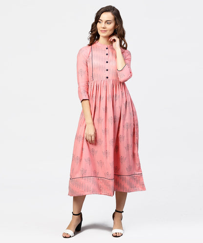 Women's Peach Printed Chinese Collared Front Open Placket Till Yoke With 3/4Th Sleeves Maxi Dress