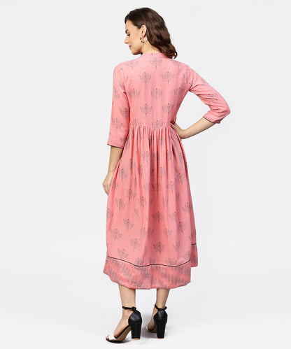 Women's Peach Printed Chinese Collared Front Open Placket Till Yoke With 3/4Th Sleeves Maxi Dress