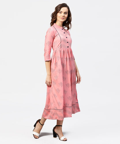 Women's Peach Printed Chinese Collared Front Open Placket Till Yoke With 3/4Th Sleeves Maxi Dress