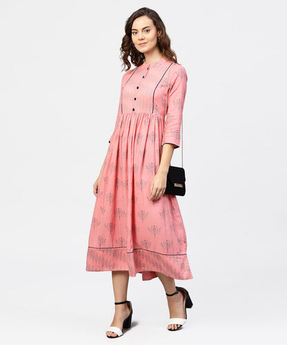 Women's Peach Printed Chinese Collared Front Open Placket Till Yoke With 3/4Th Sleeves Maxi Dress