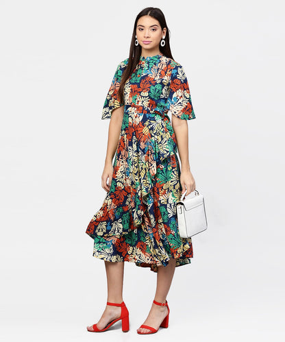 Women's Floral Printed Chinese Collared With Attached Belt And 3/4Th Sleeves Maxi Dress