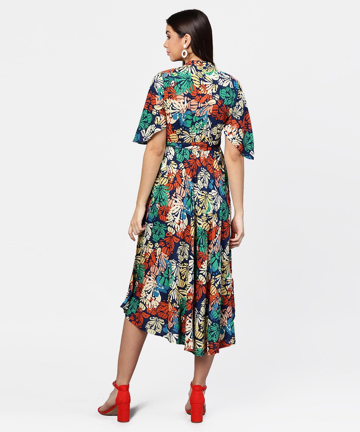 Women's Floral Printed Chinese Collared With Attached Belt And 3/4Th Sleeves Maxi Dress