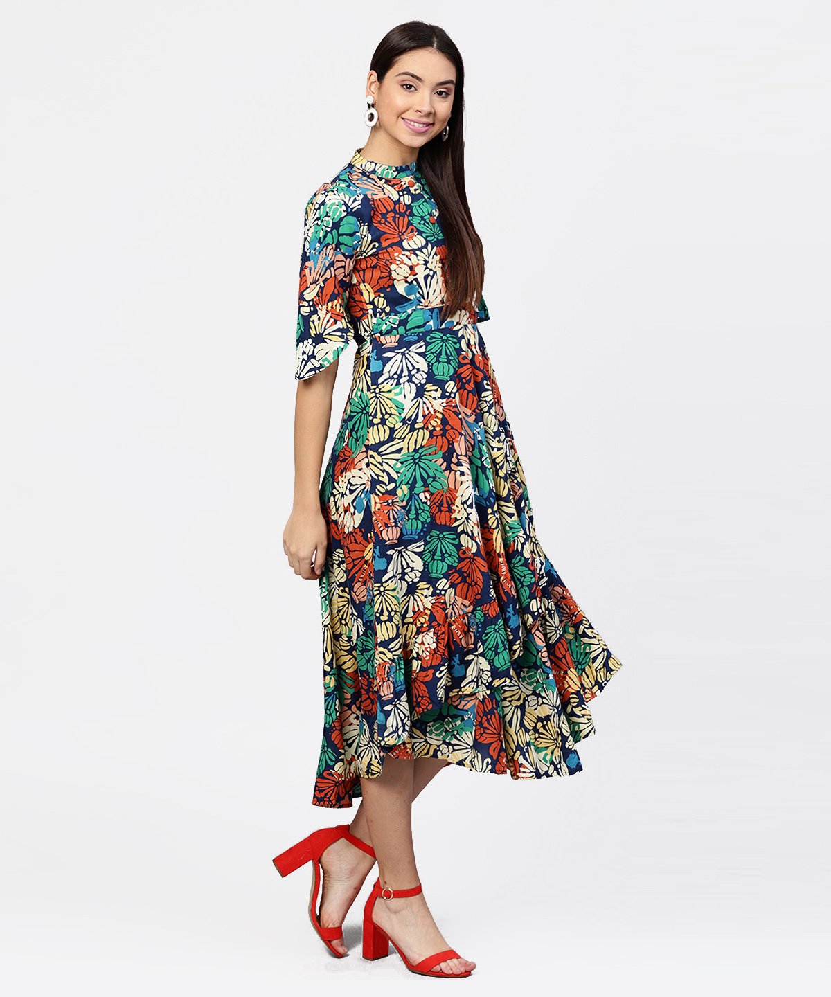 Women's Floral Printed Chinese Collared With Attached Belt And 3/4Th Sleeves Maxi Dress