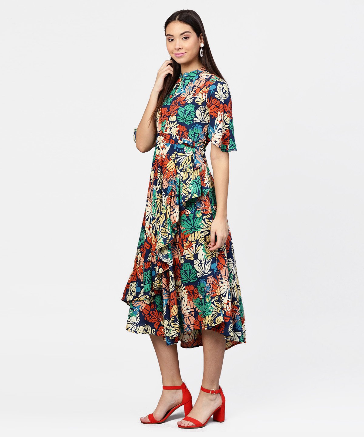 Women's Floral Printed Chinese Collared With Attached Belt And 3/4Th Sleeves Maxi Dress