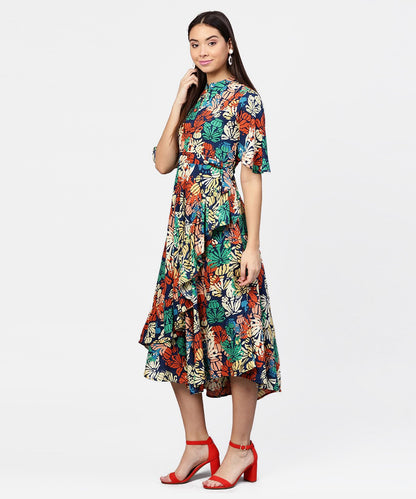 Women's Floral Printed Chinese Collared With Attached Belt And 3/4Th Sleeves Maxi Dress