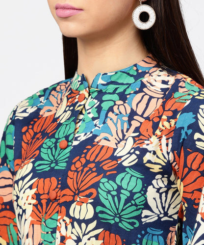 Women's Floral Printed Chinese Collared With Attached Belt And 3/4Th Sleeves Maxi Dress