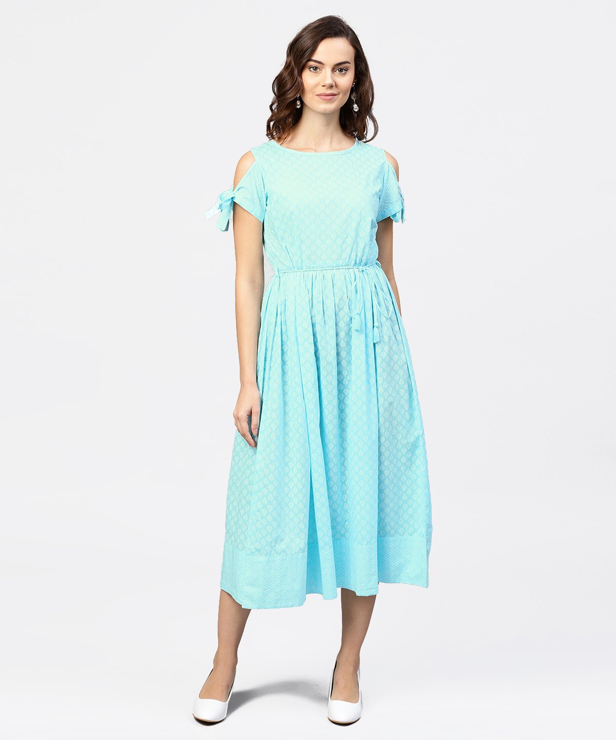 Women's Printed Round Neck With A Draw-String At Yoke And Knotted Short Sleeves Maxi Dress